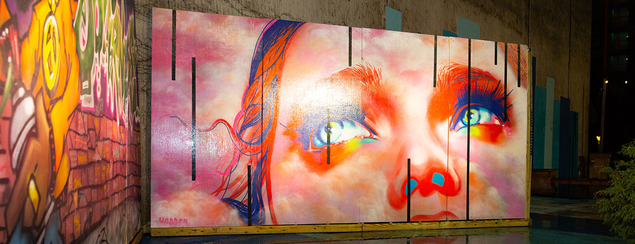 a large wooden panel painted with a mural of a close up view of a woman's face