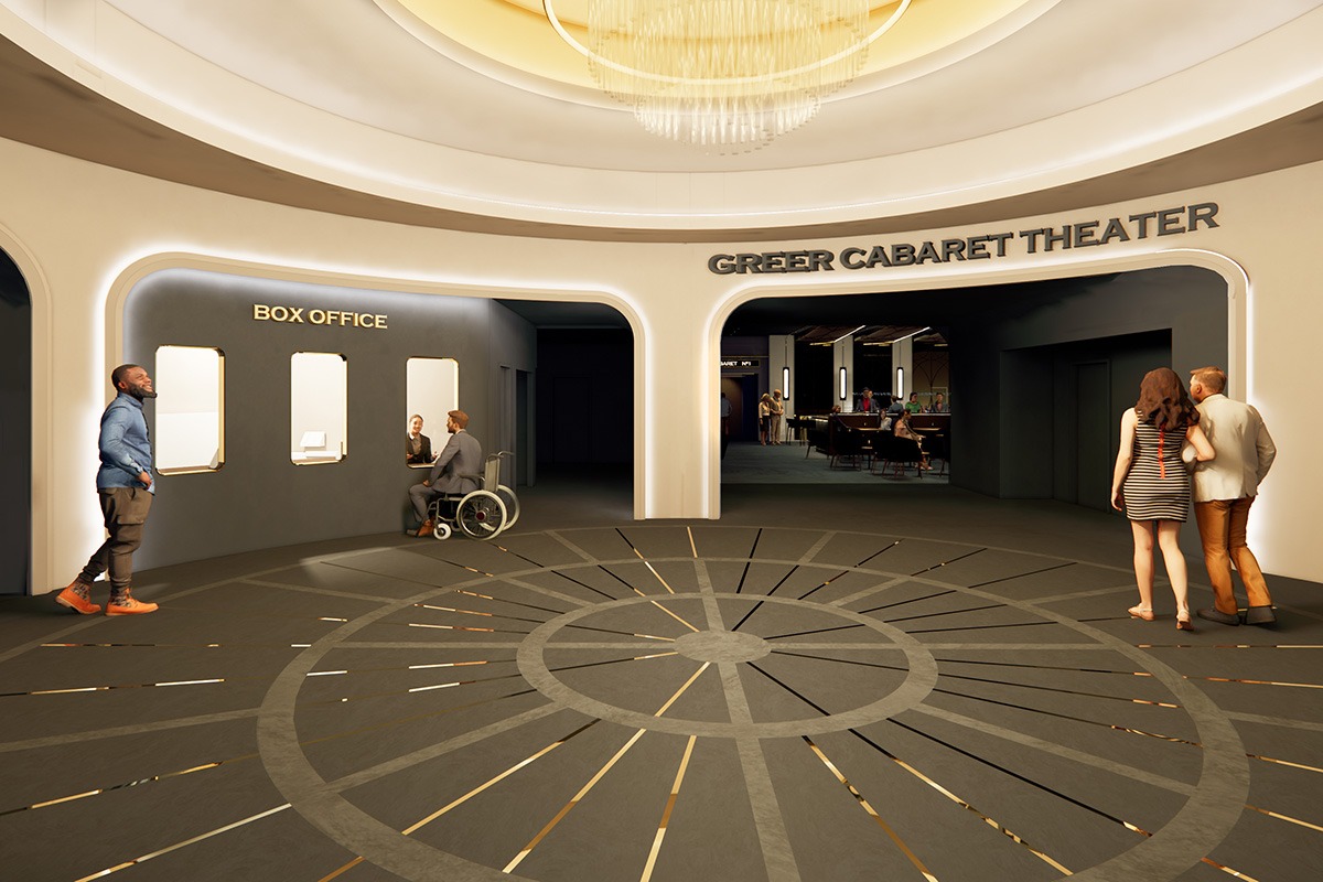 a rendering of a bright, circular lobby. a chandelier hangs from the ceiling. box office windows are on the left and a bar area is in the next room on the right