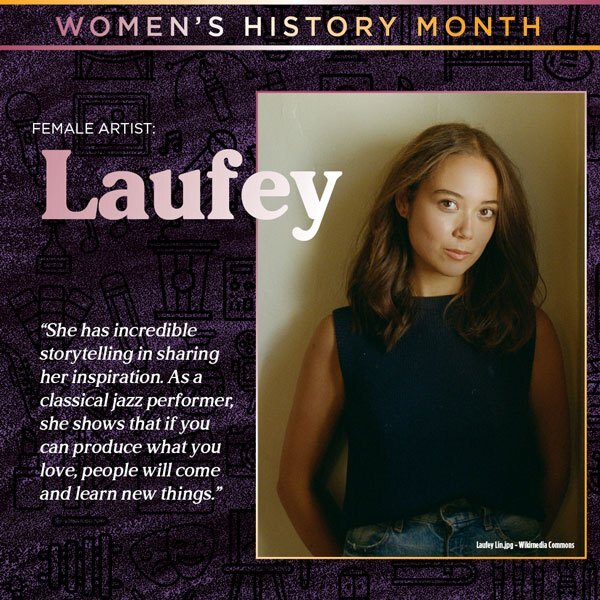 A graphic with an image of the artist Laufey. Courtney says 'Laufey has incredible storytelling in sharing her inspiration. As a classical jazz performer, she shows that you can produce what you love, people will come and learn new things.' 