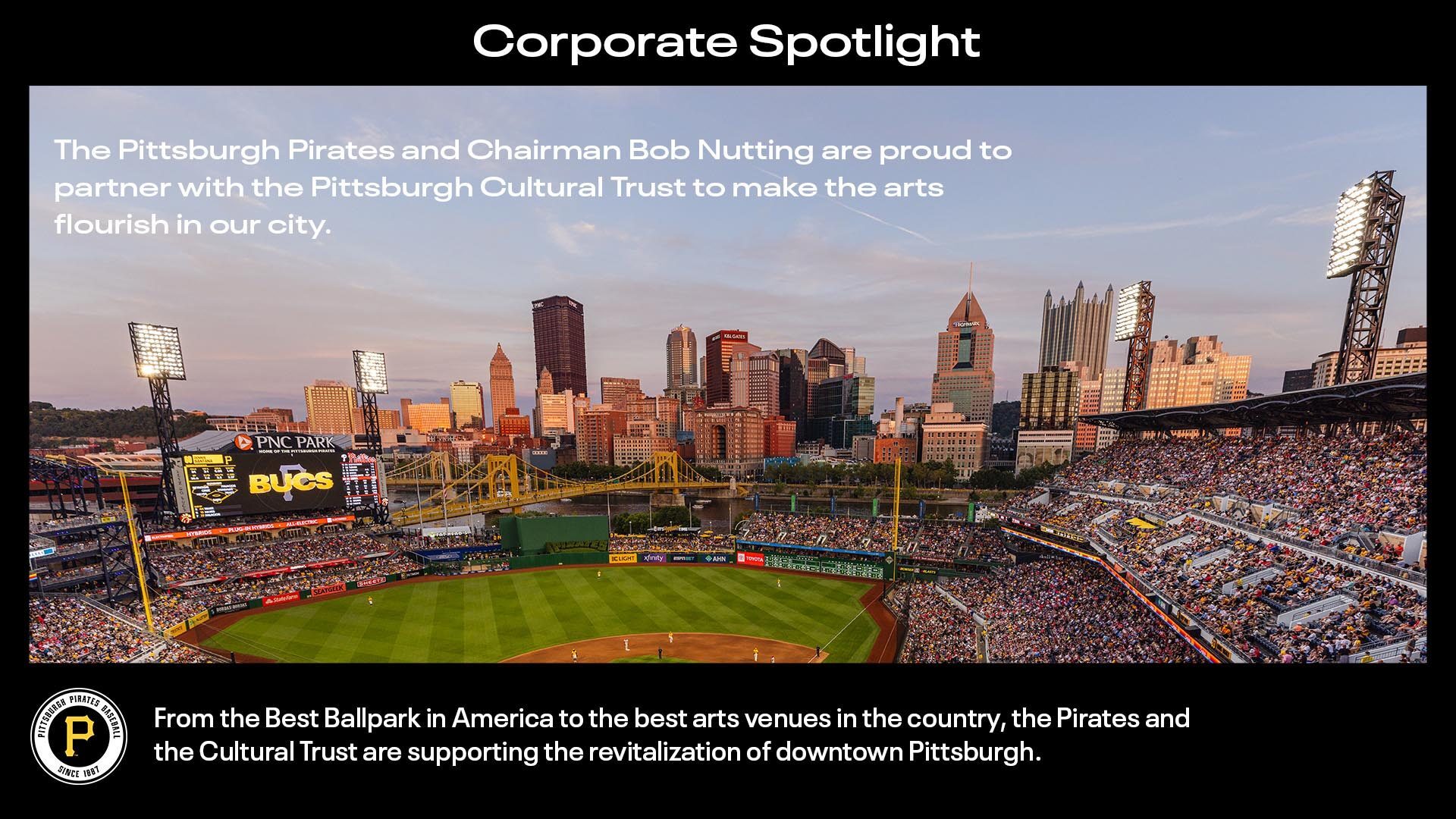 Wide view of PNC Park baseball stadium during a game, with the Pittsburgh city skyline at sunset in the background. Text highlights a partnership between the Pittsburgh Pirates and the Pittsburgh Cultural Trust.