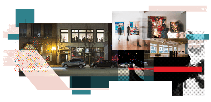 a collage of interior and exterior snapshots of 937 gallery
