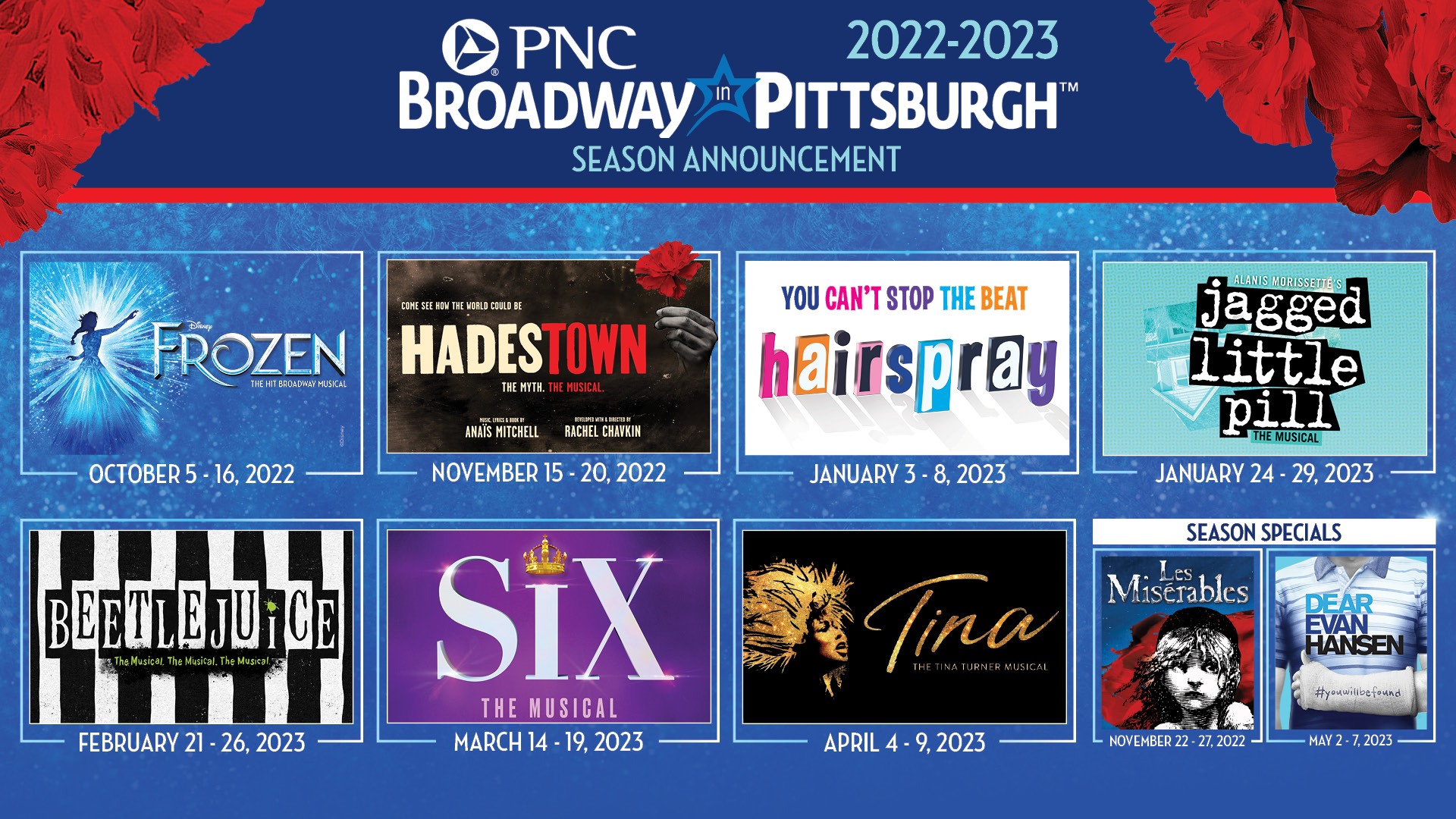 PNC Broadway in Pittsburgh season featuring Disney's Frozen, Hadestown, Hairspray, Jagged Little Pill, Beetlejuice, Six, Tina, Les Miserables, and Dear Evan Hansen