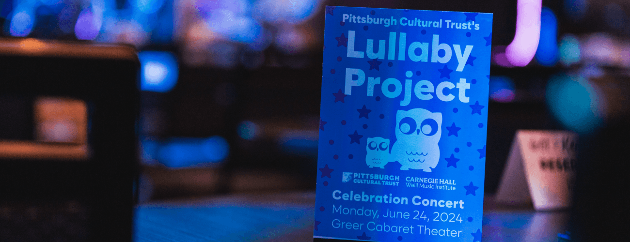 Close up of Lullaby Project program. The program is light blue with purple stars and the Lullaby Prject owl logo.