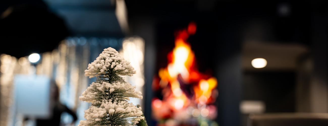 A close up with a miniature snow covered tree in focus and a cozy fire in the background