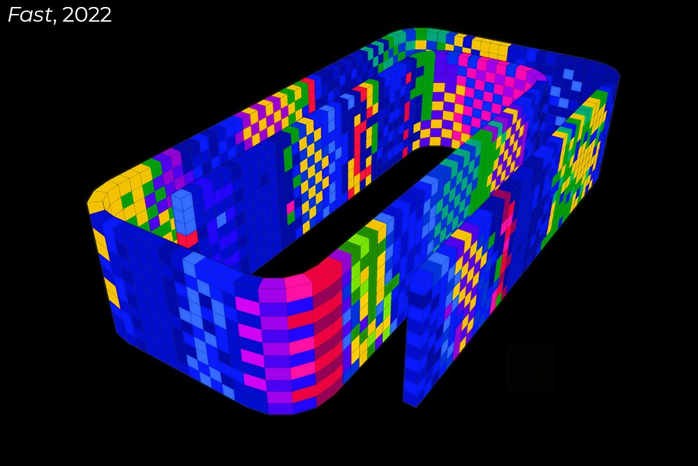 a 3d rendering of a spiraled wall made of multicolored tiled blocks