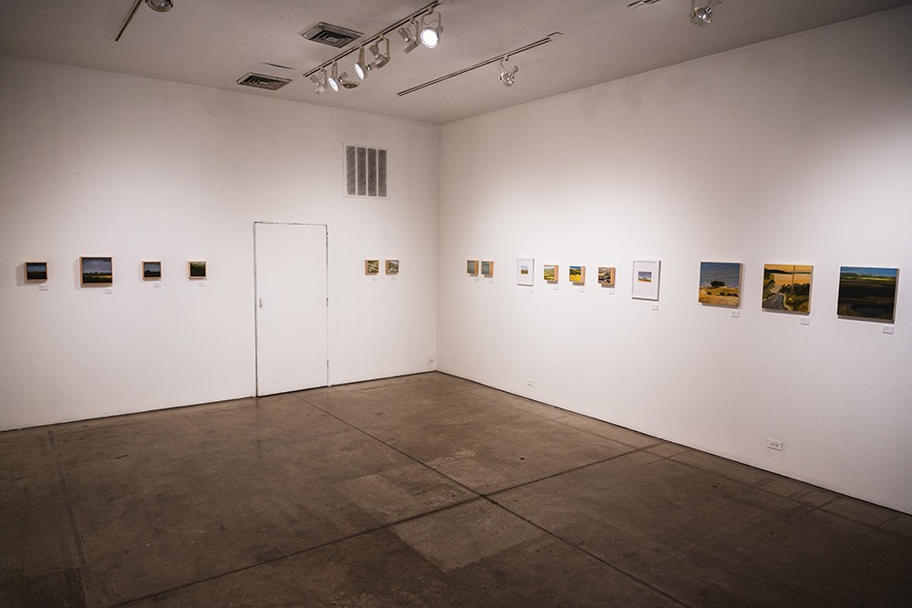 a small gallery space with paintings hung in a single row on two walls