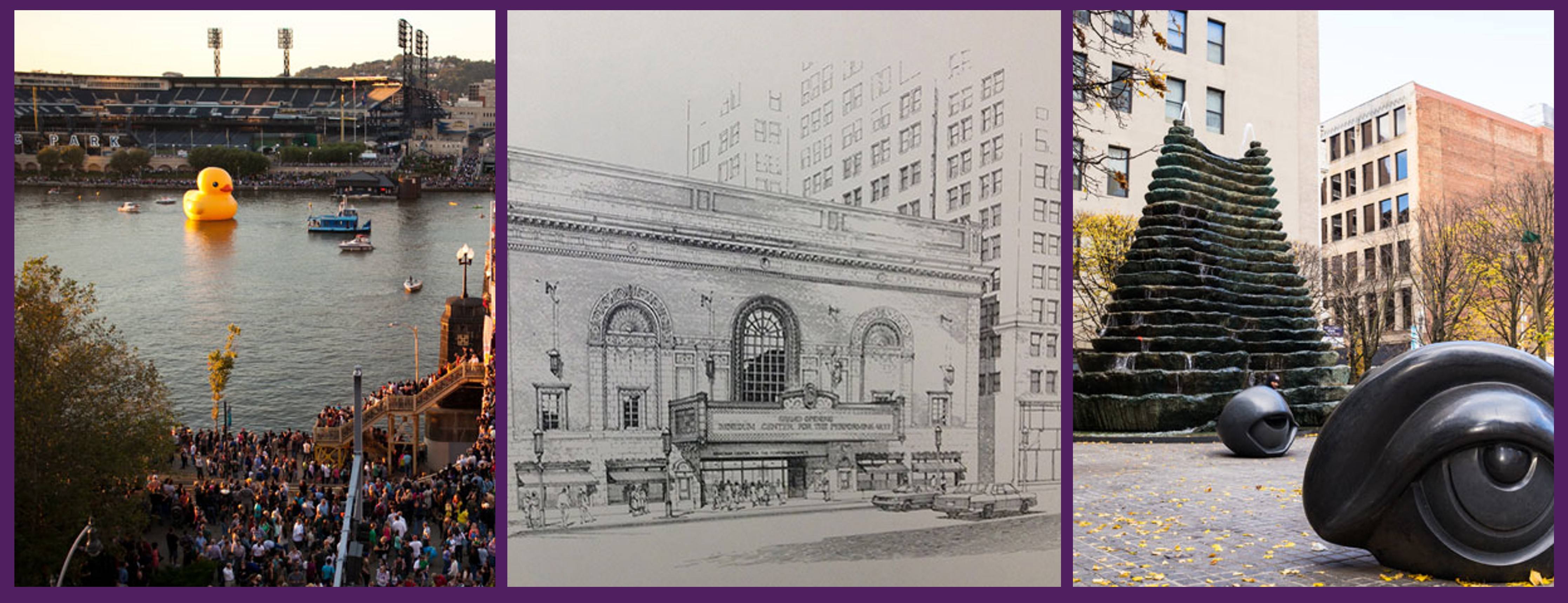 A collage with three panels: a giant yellow rubber duck floats on a river near a stadium, a detailed drawing of a historic building, and a plaza with a tiered fountain and large sculpted eyes.