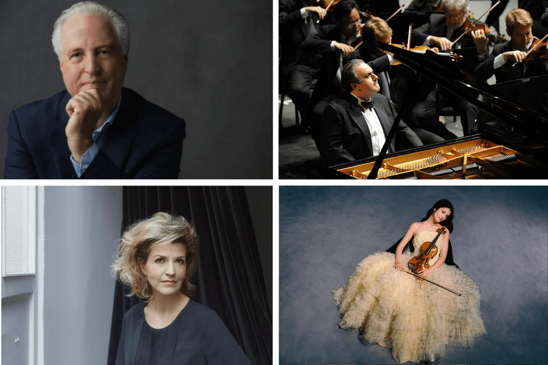 Four images in a collage, from top left, Manfred Honeck, Gautier Capuçon, Anne-Sophie Mutter, Hélène Grimaud