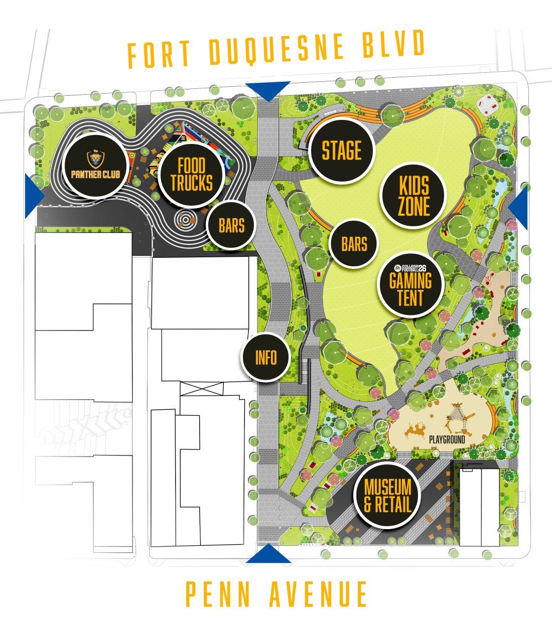 Map of an outdoor event space between Fort Duquesne Blvd and Penn Avenue, showing labeled areas: VIP Area, Food Trucks, Bars, Info, Stage, Kids Zone, Gaming Tent, Museum & Retail, Playground, and surrounding pathways.
