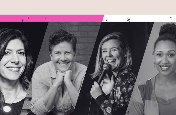 A black and white image with four headshots of women.
