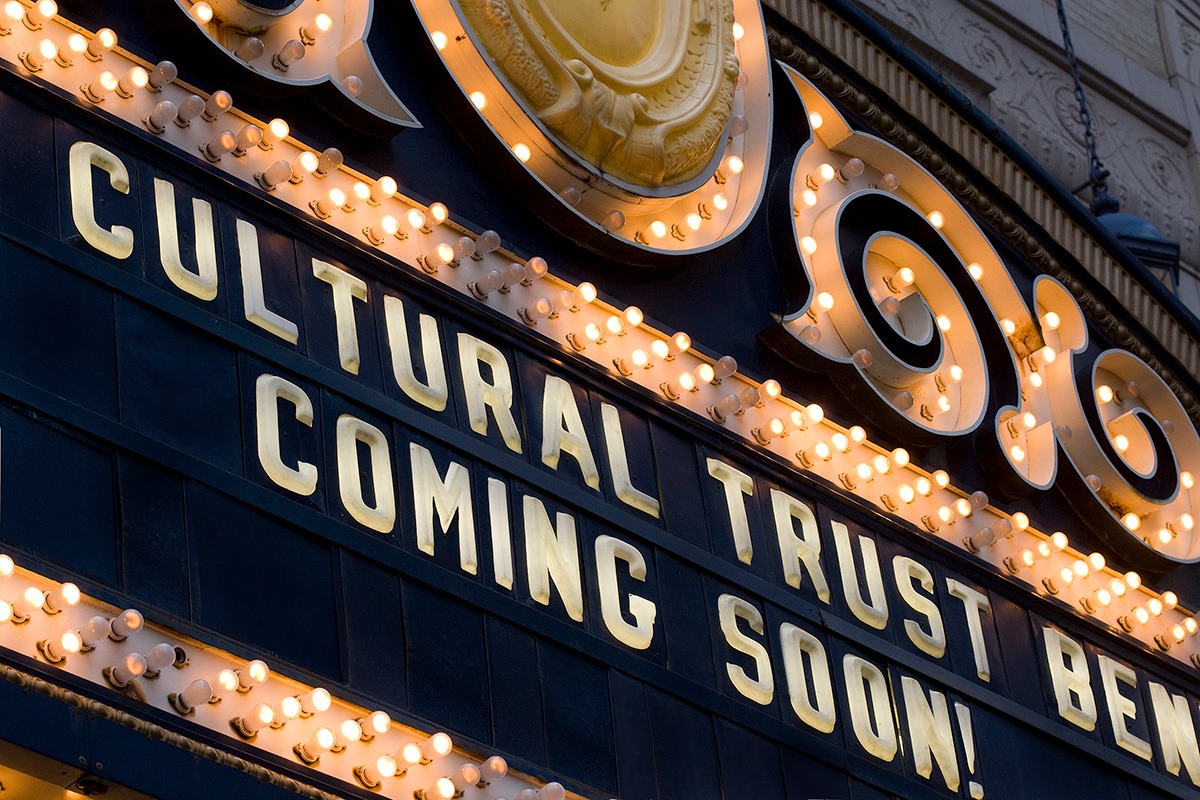 details of the benedum center's blue and yellow marquee