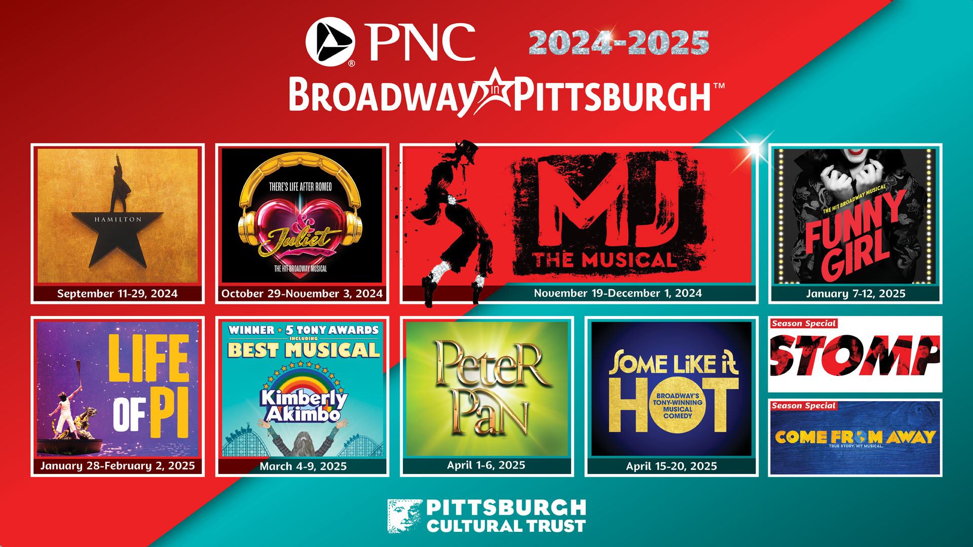 PNC Broadway in Pittsburgh season featuring Hamilton, & Juliet, MJ the Musical, Funny Girl, Life of Pi, Kimberly Akimbo, Peter Pan, Some Like It Hot