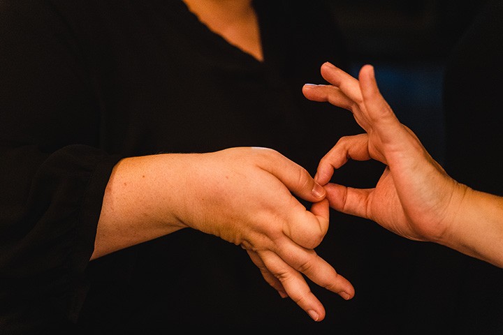 a close up of two light-skinned hands making the sign language interpretation symbol, where two hands make interlocking circles with their thumb and index fingers