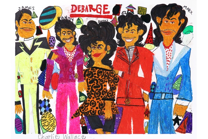 Close up of colorful drawing of four black figures: James, Randy, Bunny, El, Mark.