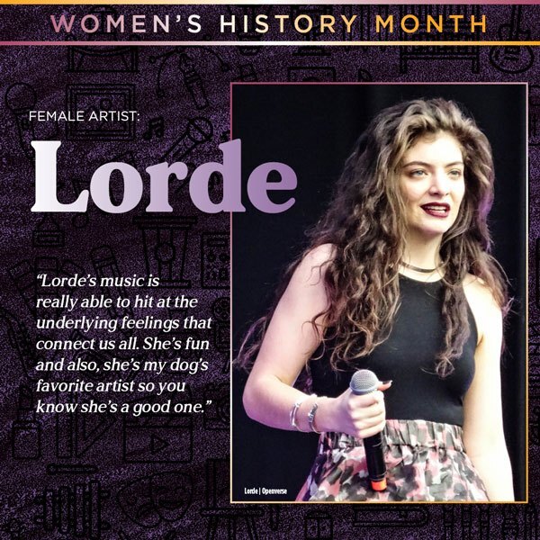 A graphic with an image of the artist Lorde. Shelby says 'Lorde's music is really able to hit at the underlying feelings that connect us all. She's fun and also, she's my dog's favorite artist so you know she's a good one.'