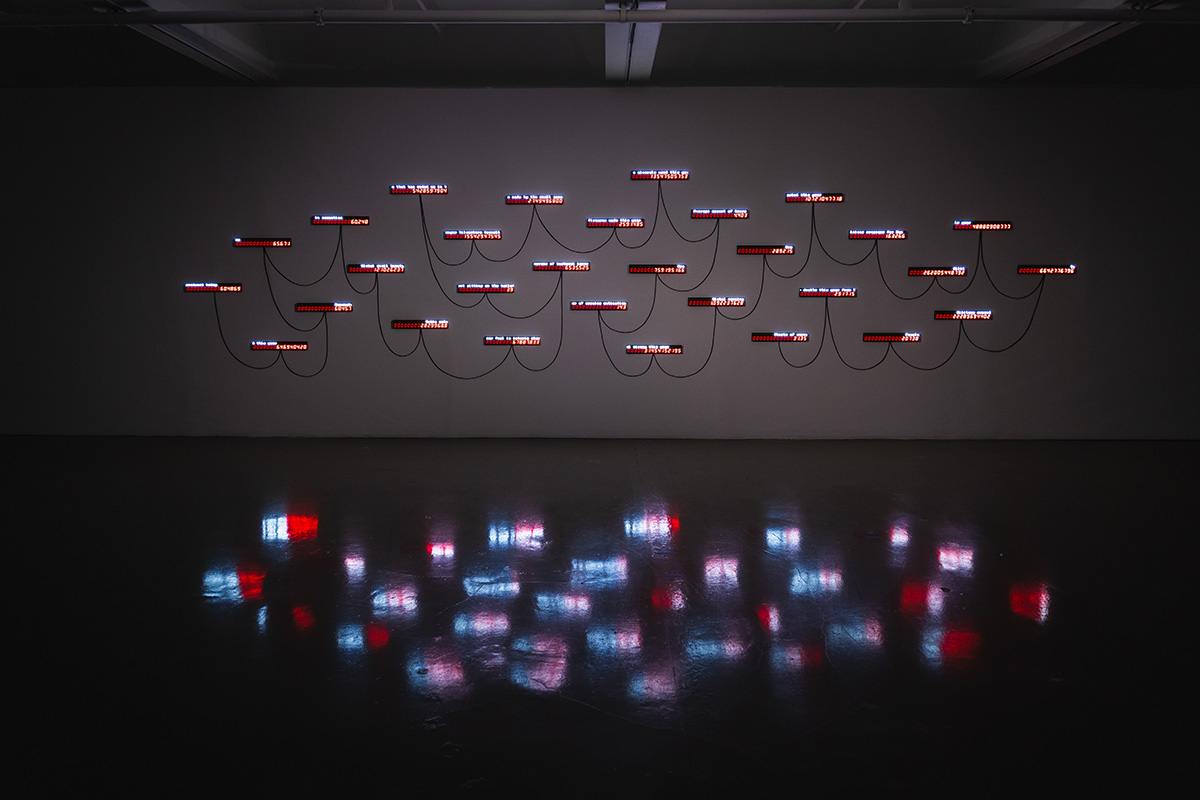 a large, dim gallery space. a white wall is filled with a spider web of small LED panels connected by wires. the panels display dozens of numerical statistics in red text
