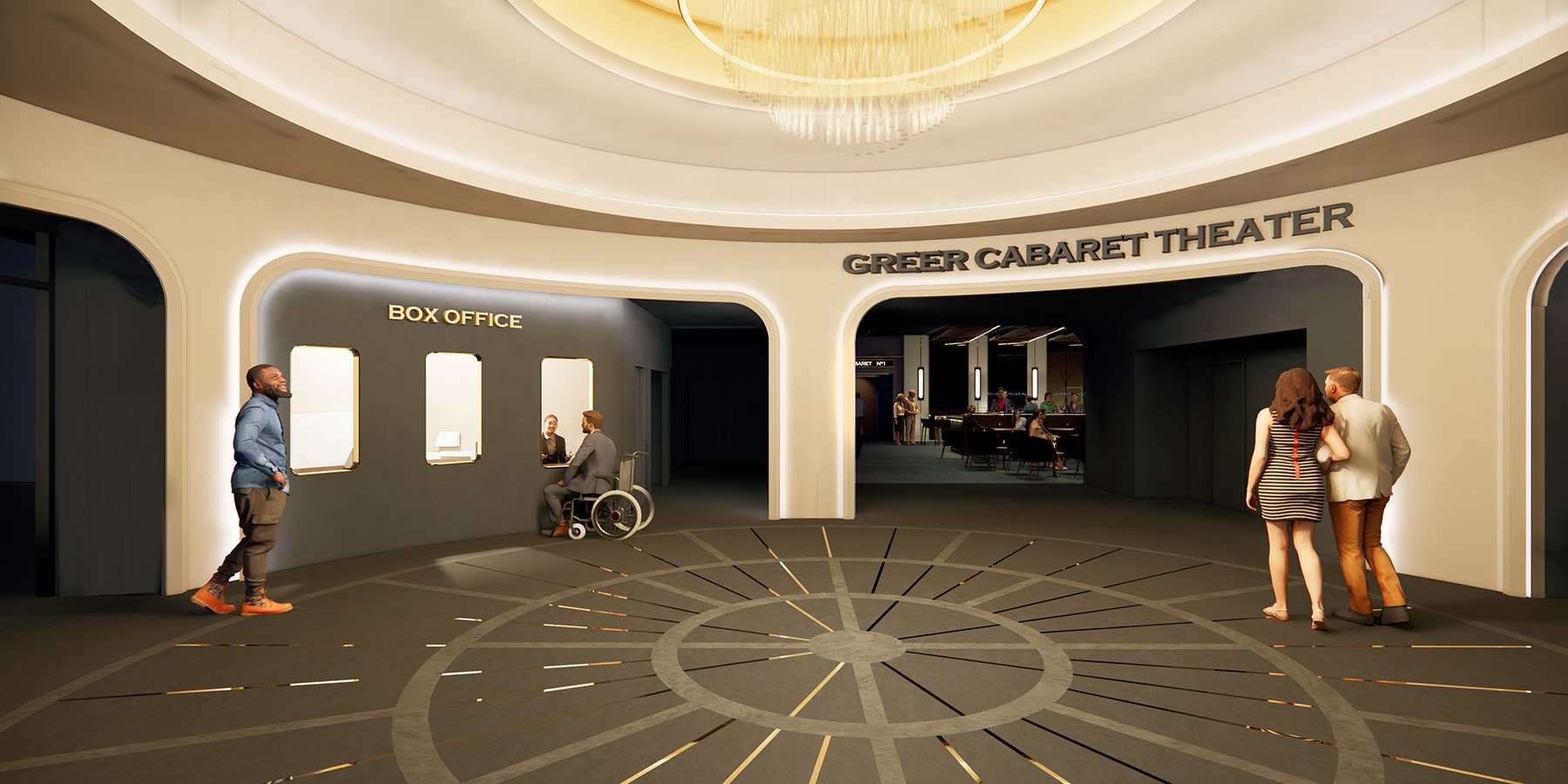 a rendering of a bright, circular lobby. a chandelier hangs from the ceiling. box office windows are on the left and a bar area is in the next room on the right