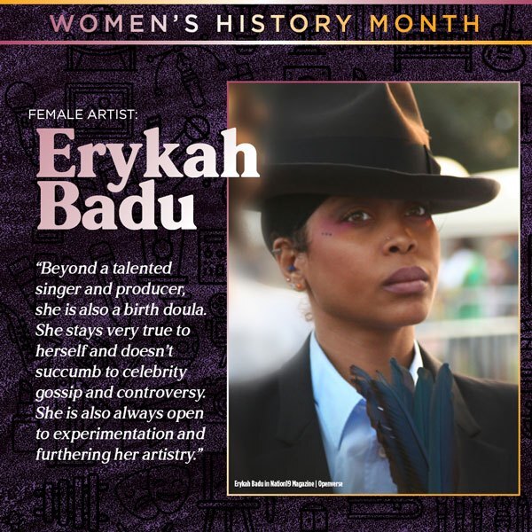 A graphic with an image of Erykah Badu. Mitsuko says, 'Beyond a talented singer and producer, she is also a birth doula. She stays very true to herself and doesn't succumb to celebrity gossip and controversy. She is also always open to experimentation and furthering her artisty.'