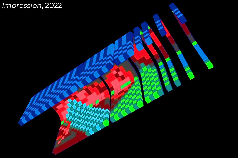 a 3d rendering of a half circle tunnel made of multicolored tiled blocks