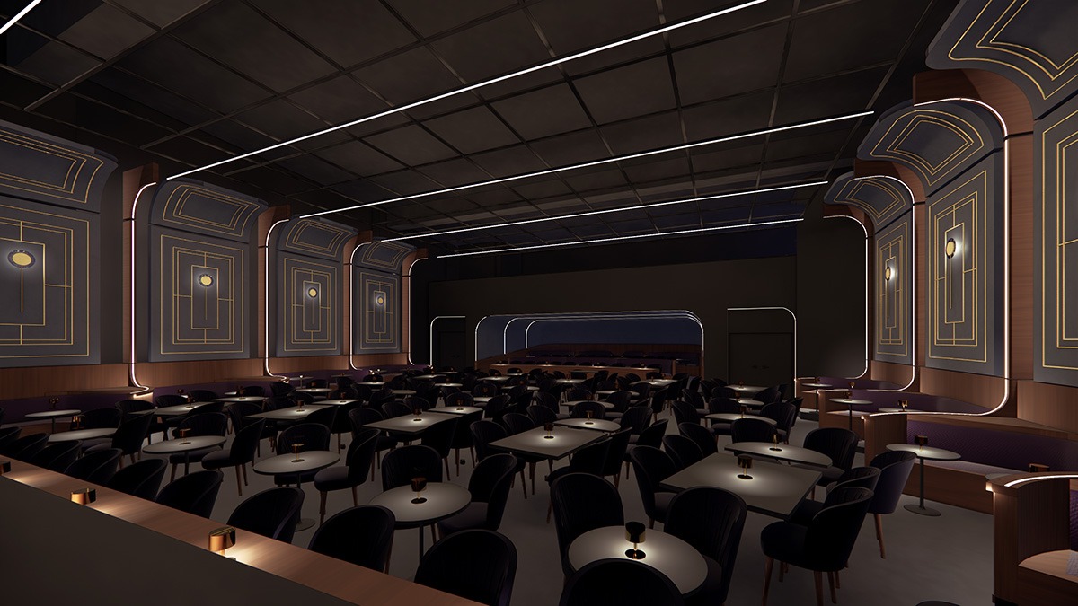 a 3d rendering of a large theater filled with tables and chairs